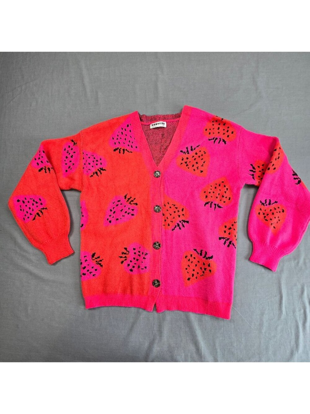 NEW Ecowish Large Cardigan Pink/Red Strawberry Button Down Long Sleeve